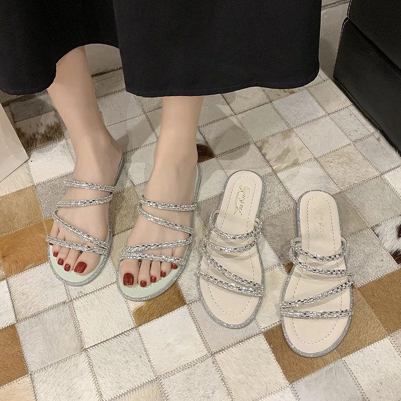 

Dropshipping New Women Bling Crystal Slippers Flat Summer Open Toe Casual Beach Slides Woman Rhinestones Strap Fashion Sandals