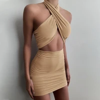 party dress criss cross neck with bandage mini dress hollow out halter dress summer bodycon party club dress vestidos y2k cloth
