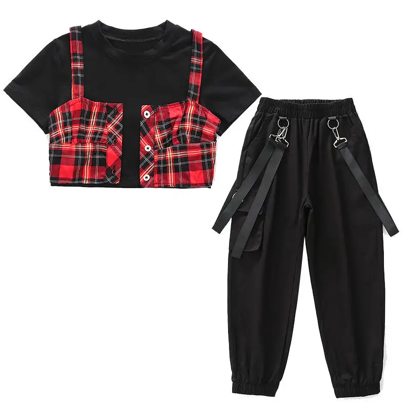 

short-sleeved plaid T-shirt 2021 summer new style, big children's western style stitching hip-hop performance clothing top tide