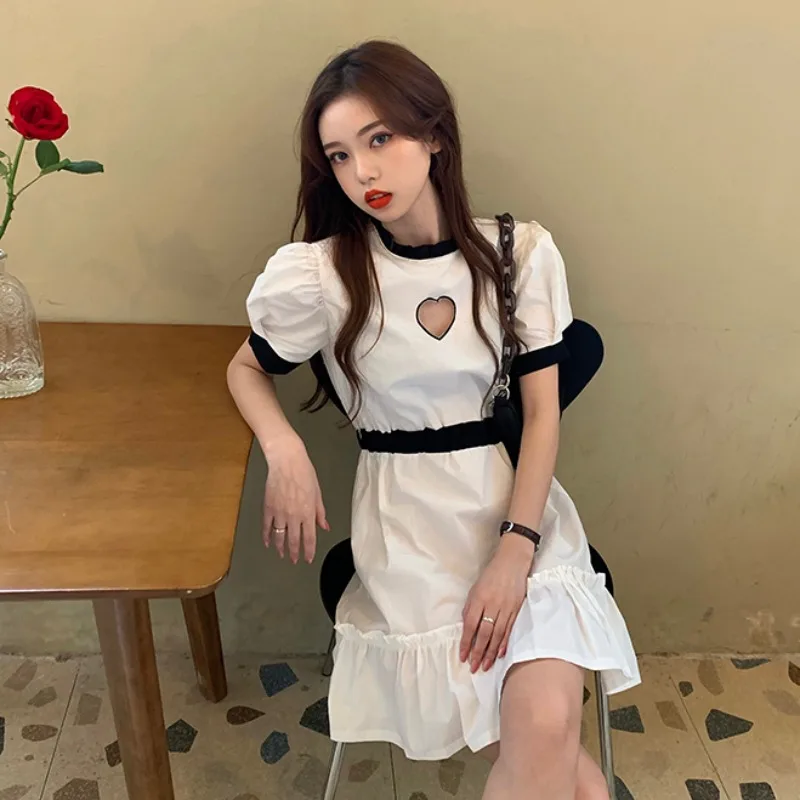 

White Dress Women's Clothing Hollow Out Summer Puff Sleeve Sweet Style Ladies A-line Short Dresses O-neck Fashion Brand New