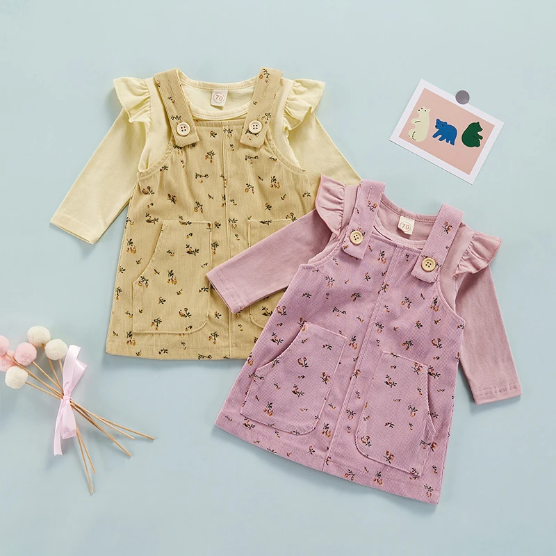 

Весенняя одежда для новорожденных девочек, комбинезоны с оборками и длинным рукавом, вельветовое платье на бретелях с карманами, повседнев...