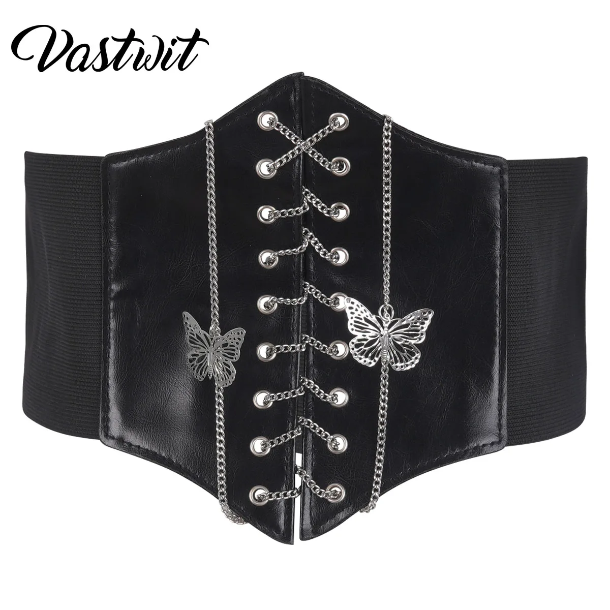 

Women Cummerbunds Fashion Metal Butterfly Chain Fitted Waist Accessories Black Tied Waspie Belt Lace-up Cinch Corset Belt