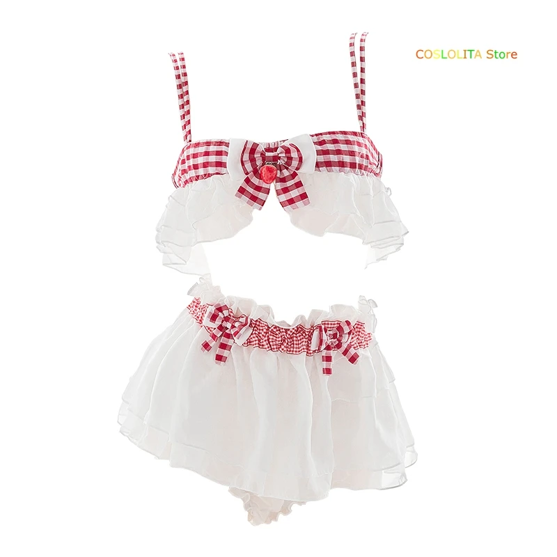 

Women Japanese Sweet Simple Sleepwear Underwear Set Girls Retro Plaid Red Strawberry Sexy Micro-transparent pajamas Sets Cosplay