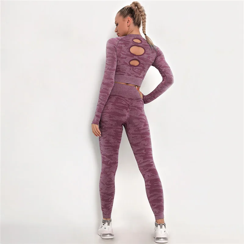 

Kaminsky Seamless Women Sport Set Camouflage Long Sleeve Gym Clothes High Elastic Fitness Tracksuit 2pcs Casual Wear For Women