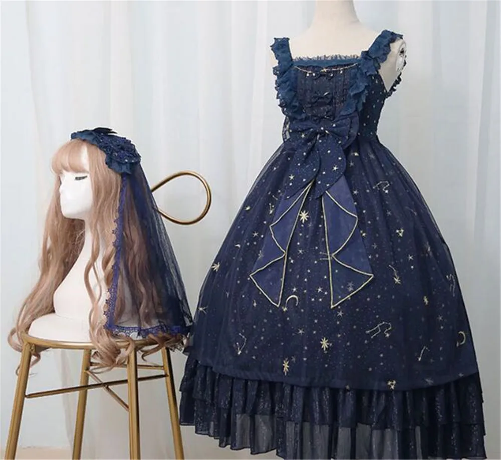 Длинное платье в стиле &quotЛолита&quot с вышивкой виде звездной ночи темно синее