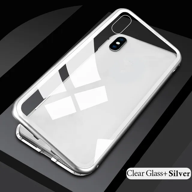 Clear Silver Металлический магнитный чехол для iPhone 11 Pro Max XR XS MAX X+ чехол из закаленного стекла на магните для iPhone 8 7 6 6s s Plus чехол - Цвет: Clear Silver
