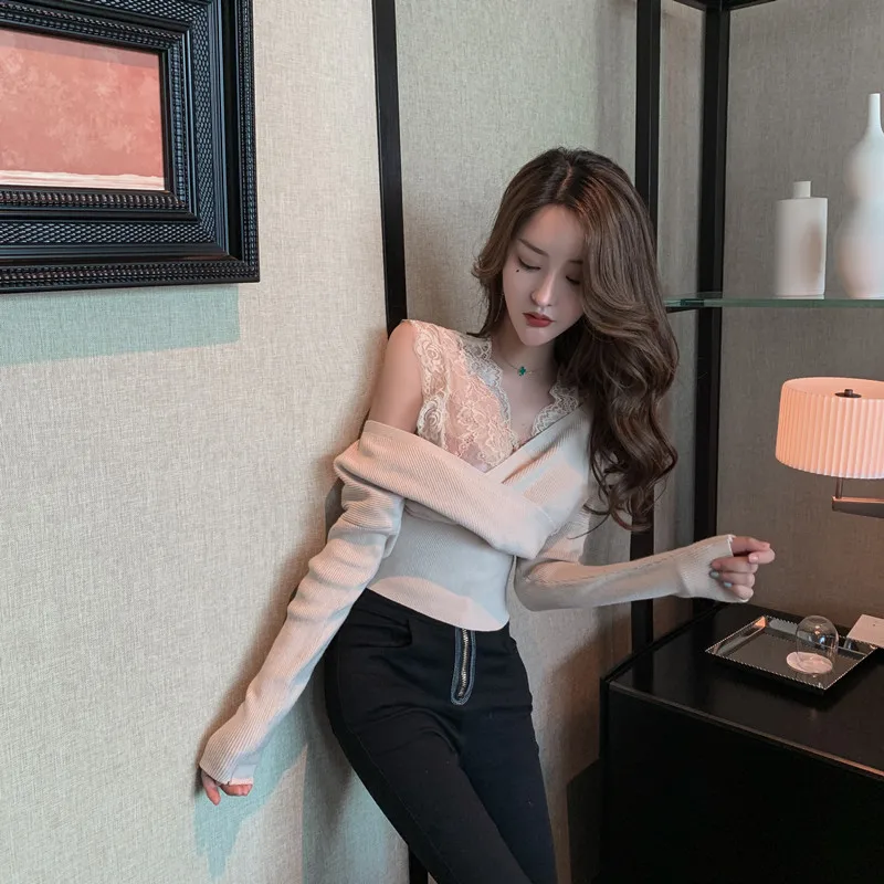 Новинка 2019 Женский пуловер имитация двух частей тонкий свитер женский кружевной