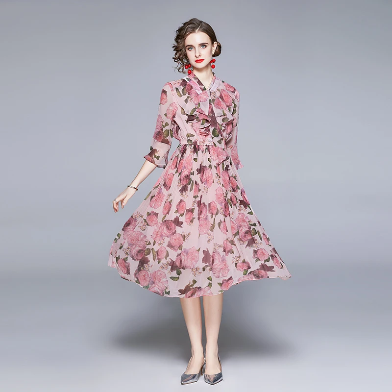 

JSXDHK 2021 Summer Vacation Runway Dress Elegant Women Rose Flower Print Chiffon Bow Collar Pink Half Flare Sleeve Pleated Dress