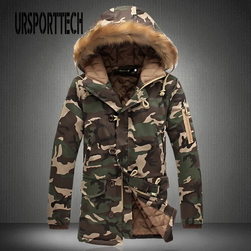 Camouflage Parka Mens Winter Jacket Men Big Fur Collar Fashion Middle Long Coats Plus Size Winter Coat Men Parka Homme 5XL