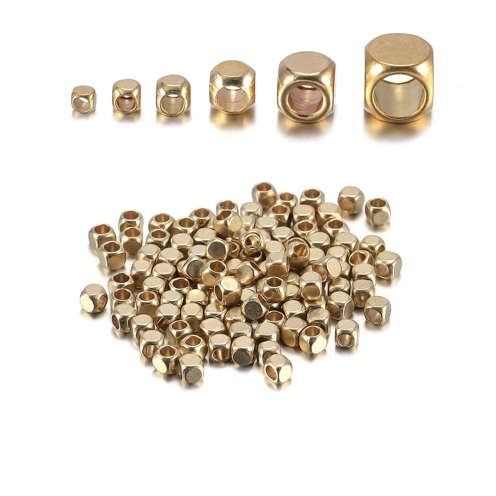 30-100Pcs 2-6mm Cube Square Shape Solid Brass Metal Light Gold Color Loose Spacer Beads for Jewelry Making DIY Findings