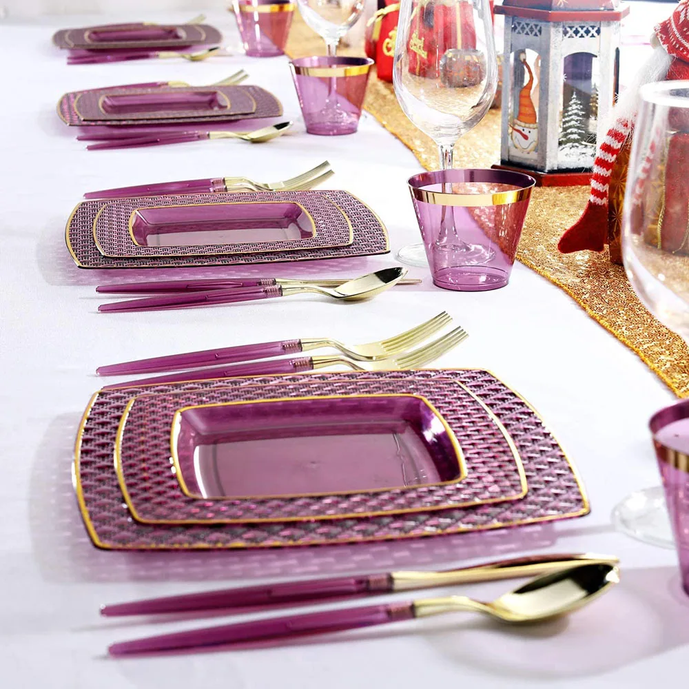 

50PCS Disposable Tableware Purple Square Plastic Plate and Golden Silverware With Purple Handle Set Wedding Party Supplies