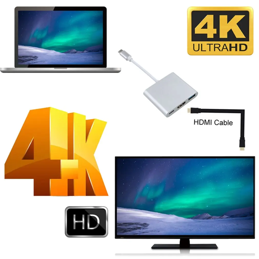 3 в 1 USB-C к HDMI-совместим с Apple Macbook USB Thunderbolt Тип C на HDMI поддержкой 4K Hub адаптер кабель