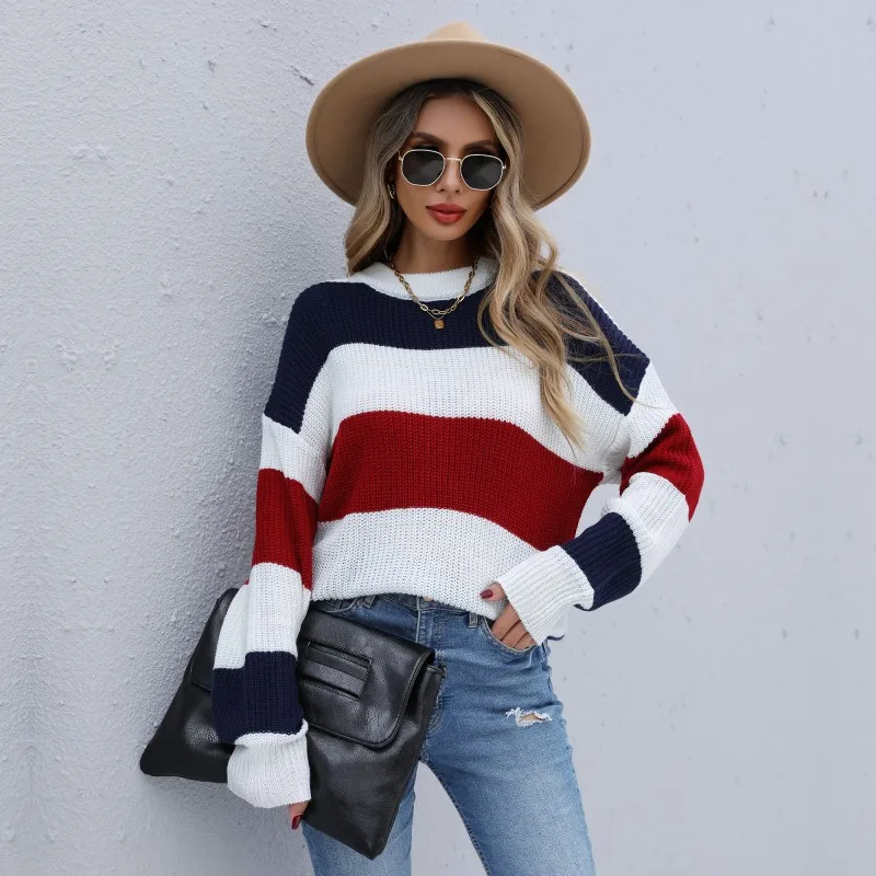 

2021 Women Autumn Winter Fashion Loose Sweater Casual O Neck Striped Patchwork Ladies Long Sleeve knitted Sweater Pullovers New