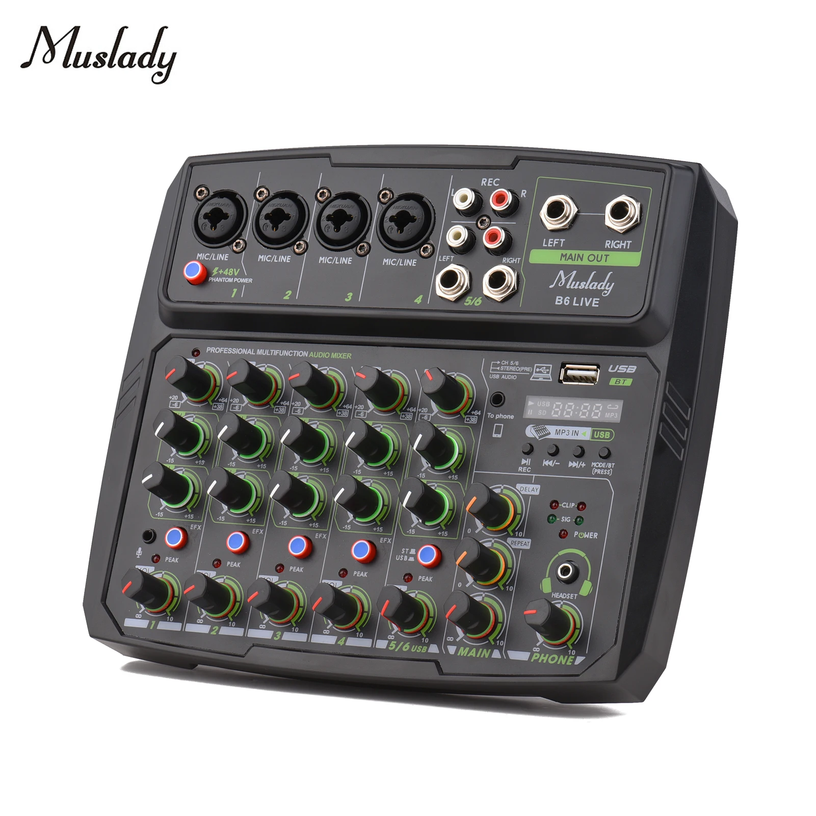 

Muslady 6-ти канальный аудио смеситель микшерный пульт встроенный звуковая карта с 2-полосный эквалайзер усиления задержку повторного Управлен...