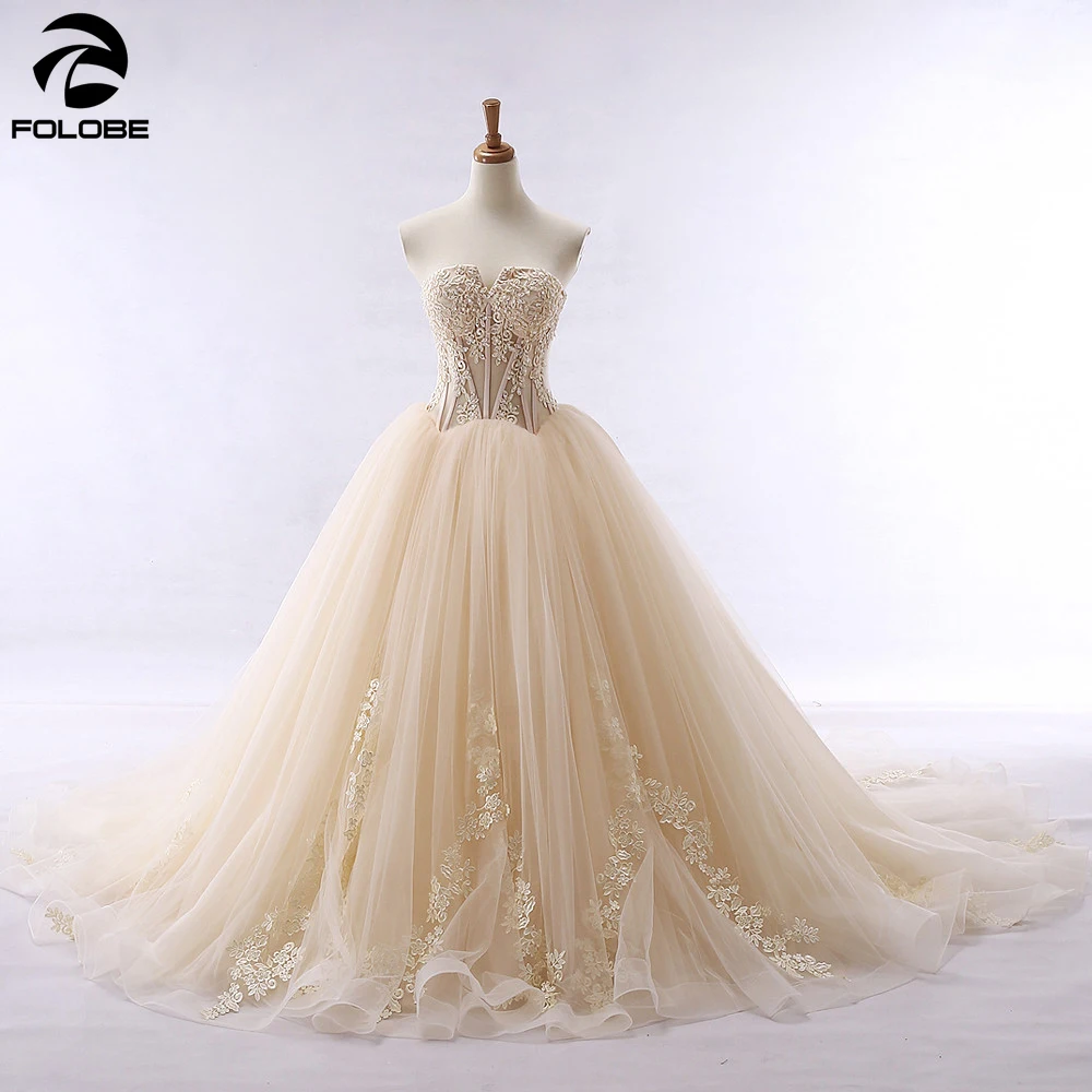 

Vestido De Noiva Princess Ball Gown Champagne Wedding Dress Off The Shoulder Lace Appliques Long Bridal Gowns robe de mariee