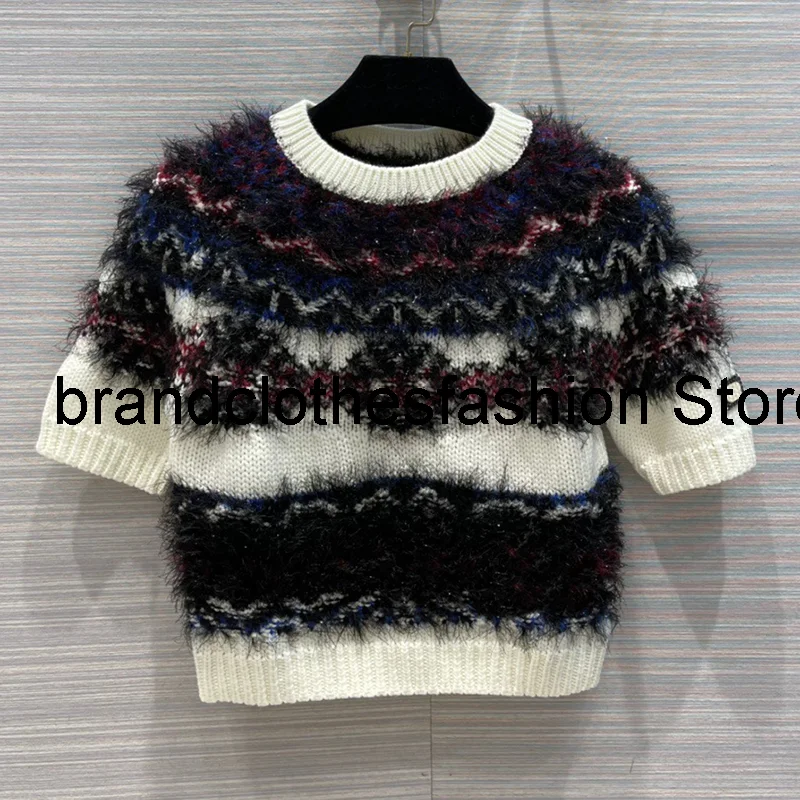 

Fashion Knit Wavy Jacquard Cashmere-Blends Sweater Women High Quality O-Neck Short Sleeve Soft Fluffy Pullover Lady 2021 Autumn