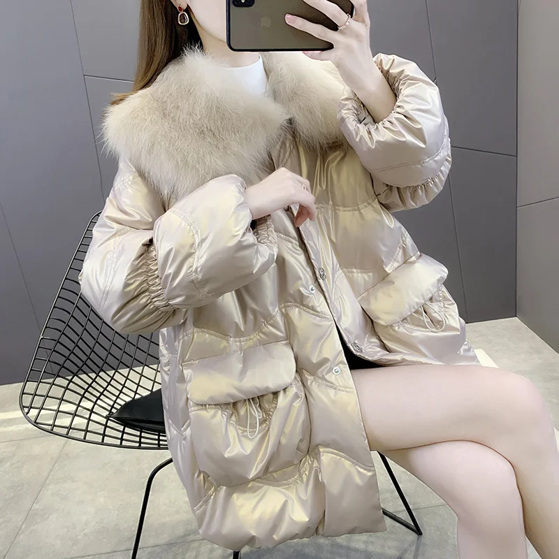 

SHZQ in 2021 Winter, the New Big Fox Fur Collar Fur Coat Is Light and Luxurious, and the Medium and Long Down Jacket Is Thickene