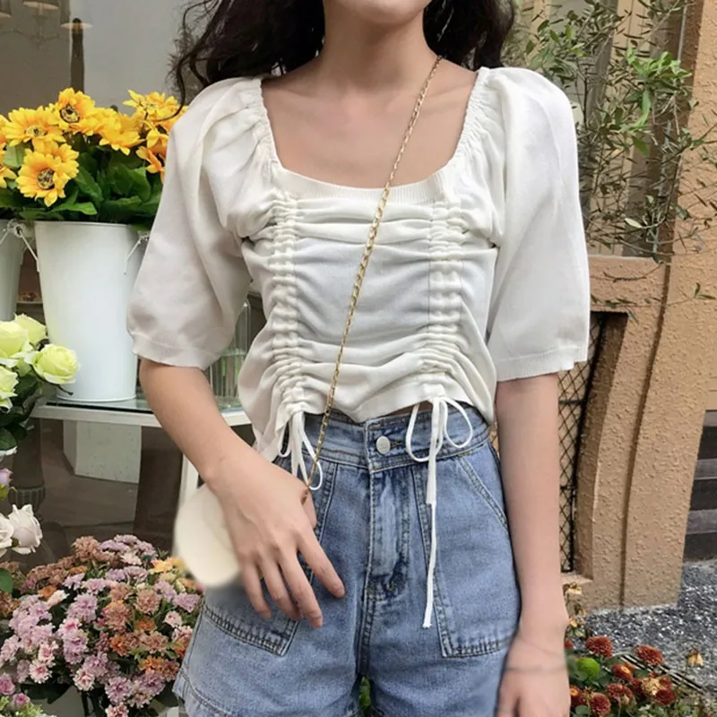 

Candy Color Square Collar T Shirt Women Casual Short Sleeve T Shirts Female Drawstring Knitted Tops