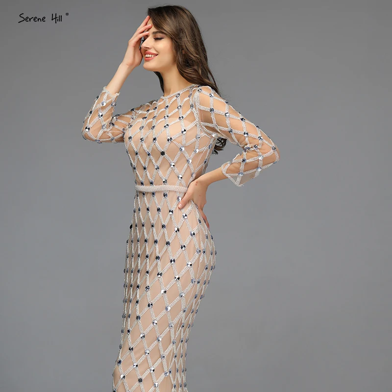 В мусульманском стиле с длинным рукавом телесное Серебряное Вечернее Платье 2021