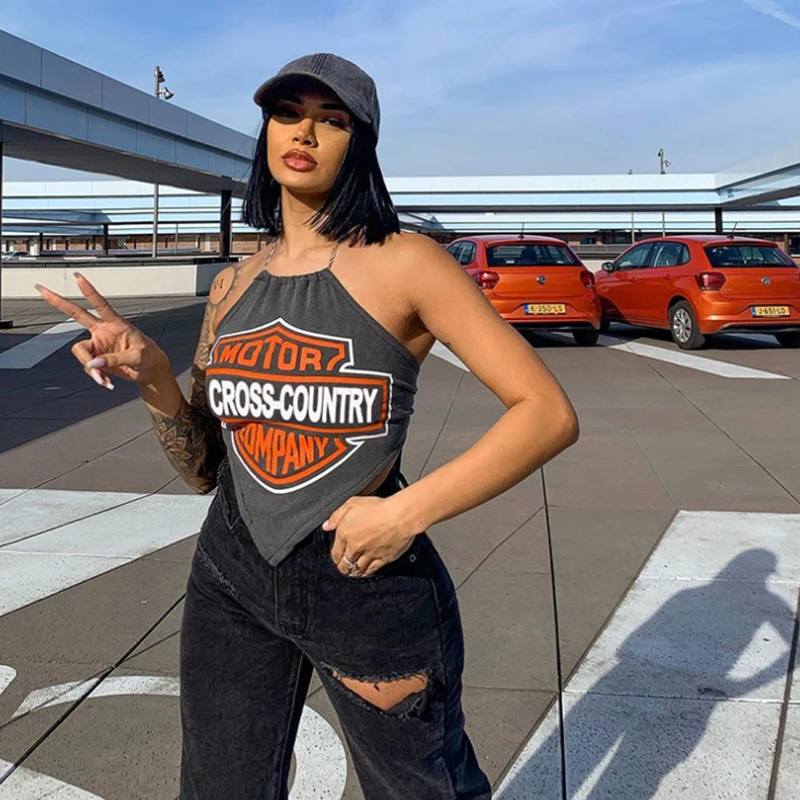 

Letter Print Halter Tank Top Strap Chalecos Para Mujer Off Shoulder Women Summer Gilet Femme Streetwear Kamizelka Damska Neck