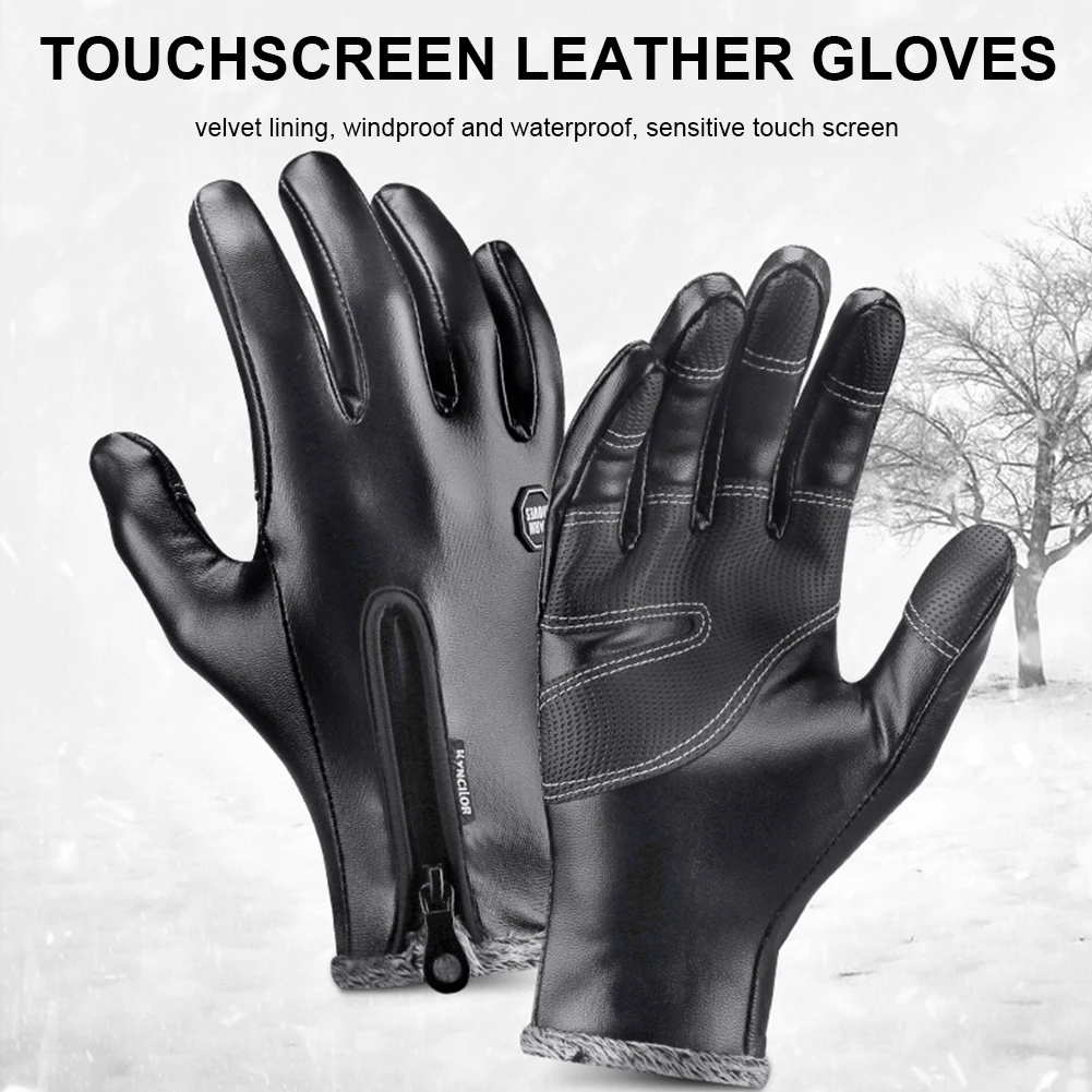 

Winter Cycling Touch Screen Gloves Men Women Warm Thermal Fleece Leather Gloves with Zipper for Cycling Hiking Running Warm