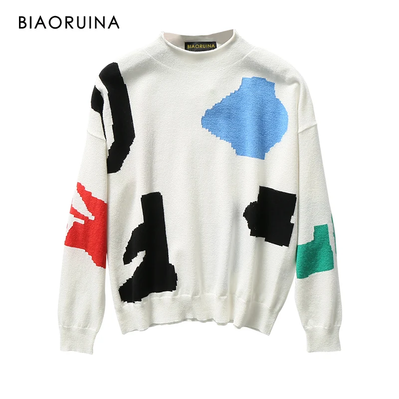 BIAORUINA женский геометрический контрастный цвет свитер с высоким воротом Женский