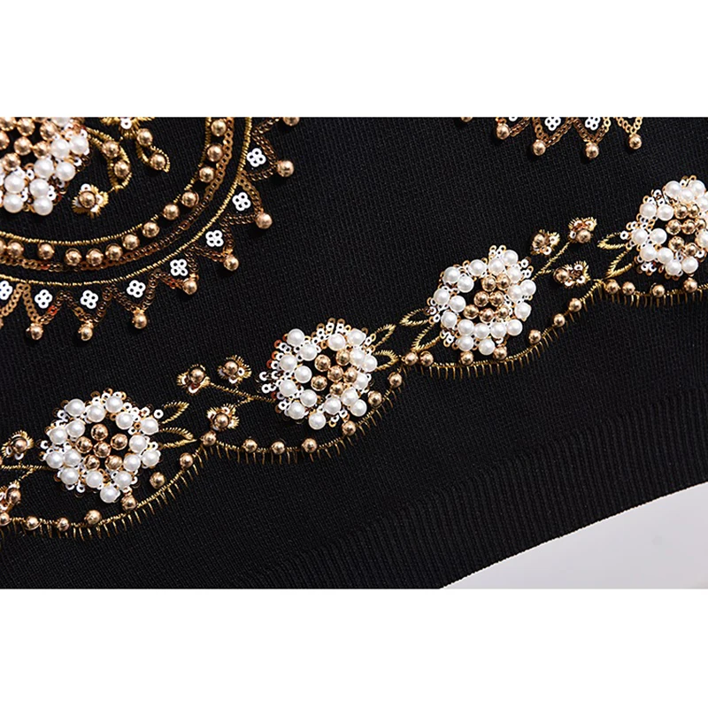 

Black Gray Knitted Tracksuits Women Set Loose Beading Embroidery Flowers Pullover Sweater Pencil Pants 2pc Knit Outfits Female