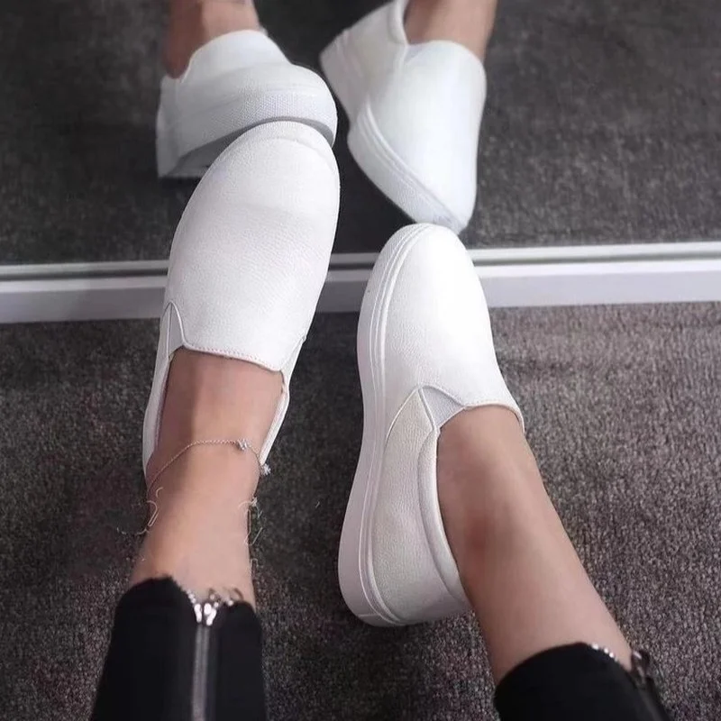 

Женские кожаные кроссовки, Вулканизированная подошва, удобная повседневная обувь без шнуровки, на платформе, на весну