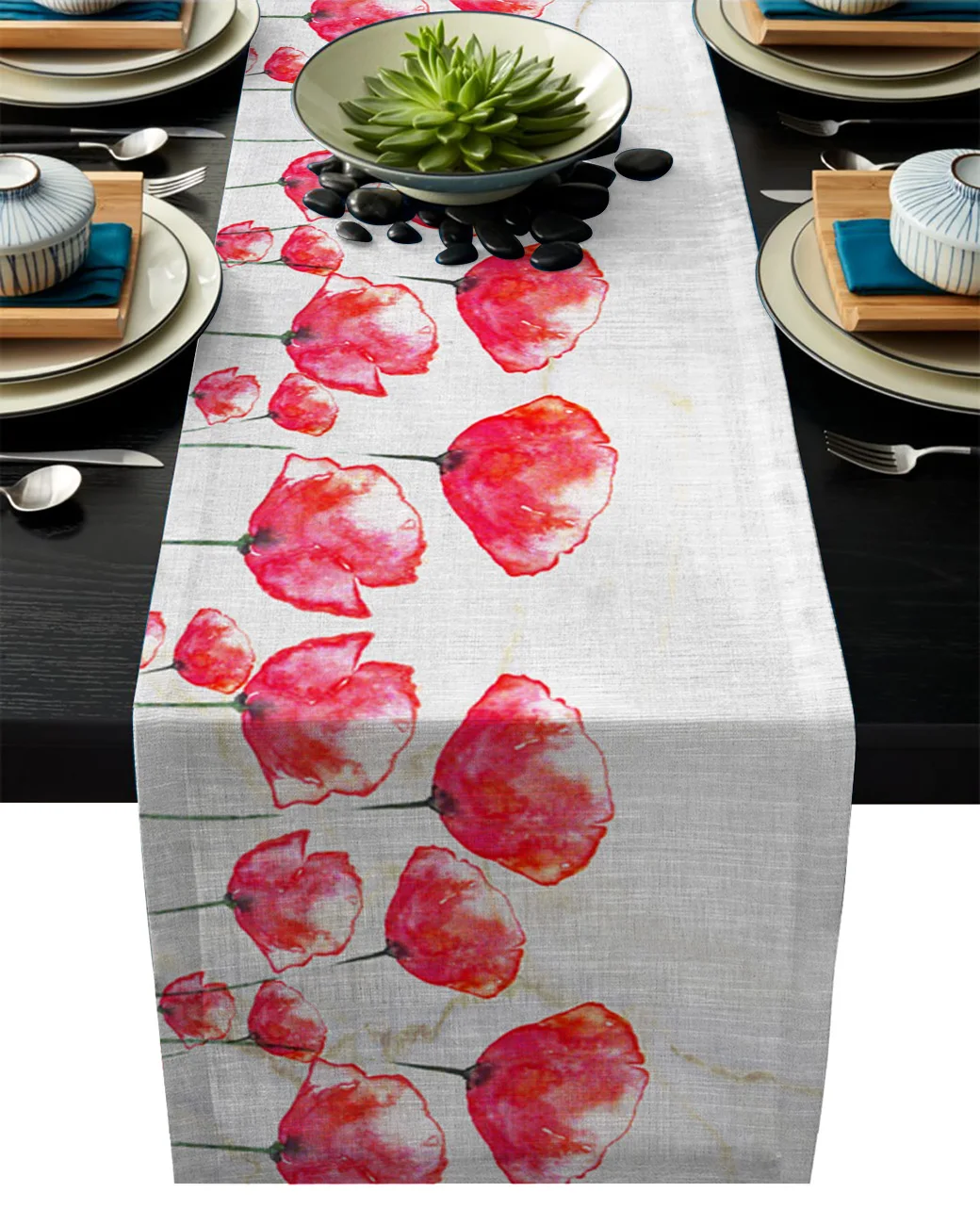 

Gouache Poppy Flower Marble Table Runner Wedding Party Champagne Table Runners Dining Room Restaurant Home Table Gadget