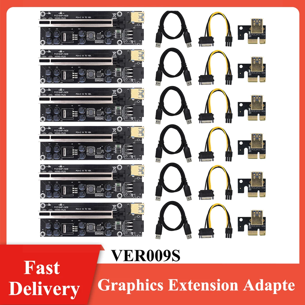 

Professional mining VER009S 1/6set Riser Card Plus 1X To 16X Extender 6Pin Graphics Extension Adapter USB 3.0 Cable GPU Miner