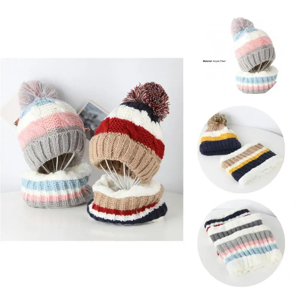 

Sweet Cap Neckerchief Plush Ball Fall Winter Contrast Color Neck Warmer Beanie Hat Knitted Cap Scarf Hat Scarf 2Pcs/Set