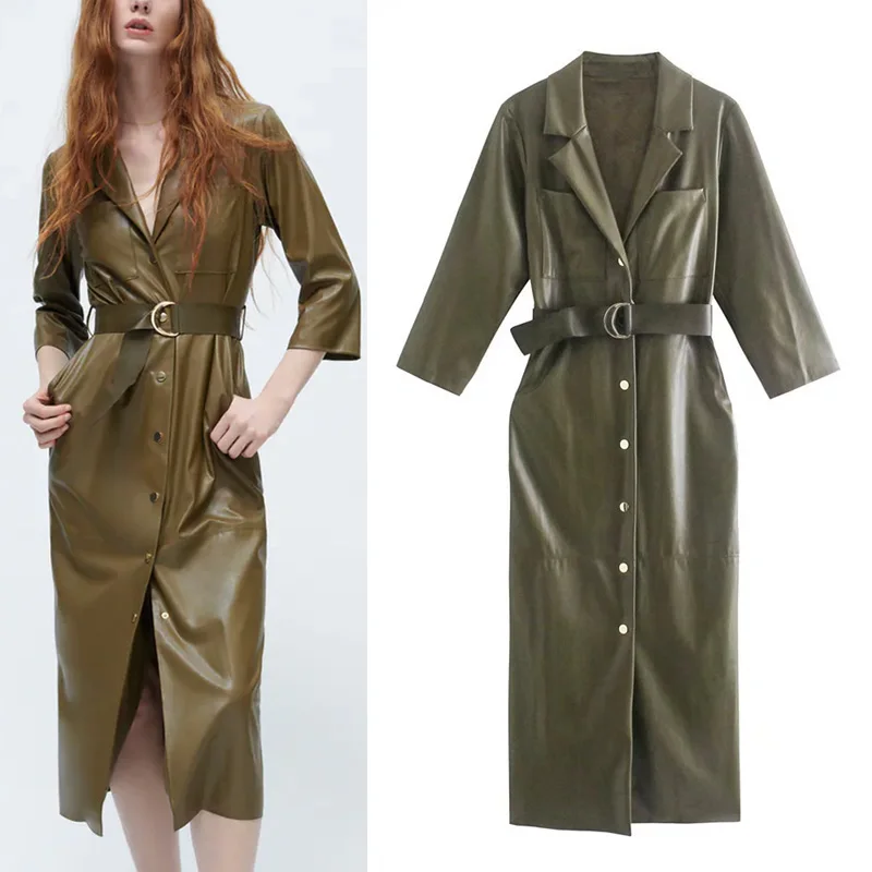 

Autumn Winter New Woman Artificial Leather Dresses Za 2021 Fashion Lepel Long Sleeve Dress Chic Buttons Pocket Plus Velvet Dress