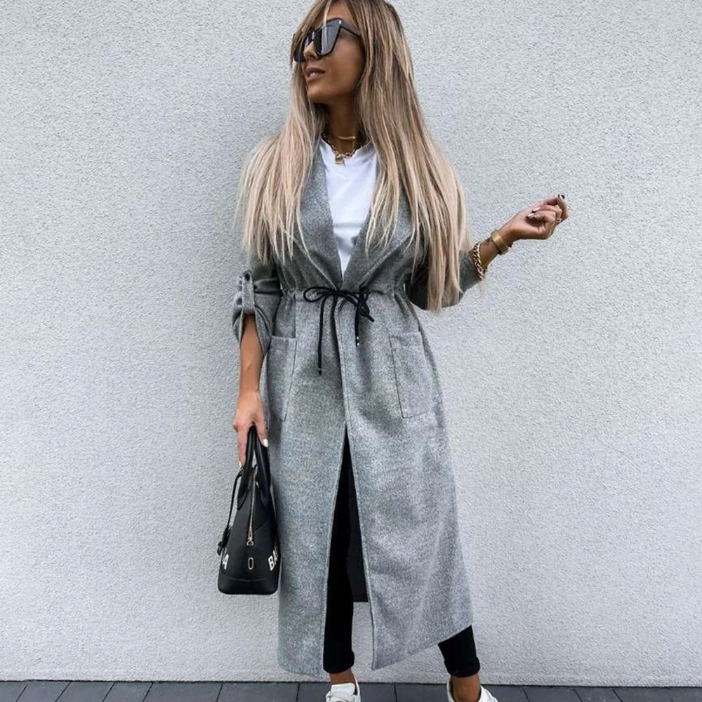 Модное длинное шерстяное пальто в клетку с отложным воротником женское