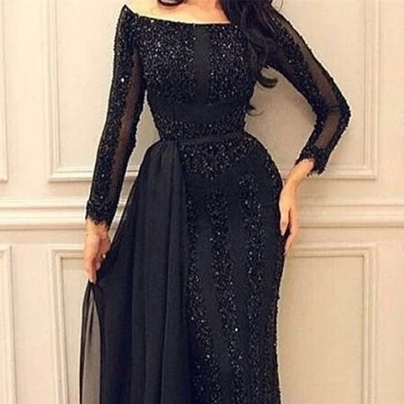 

Saudi Arabian Lebanon Muslim Evening Dress Long Sleeves Black Lace Evening Gowns Plus Size Formal Long Dresses Party Gowns
