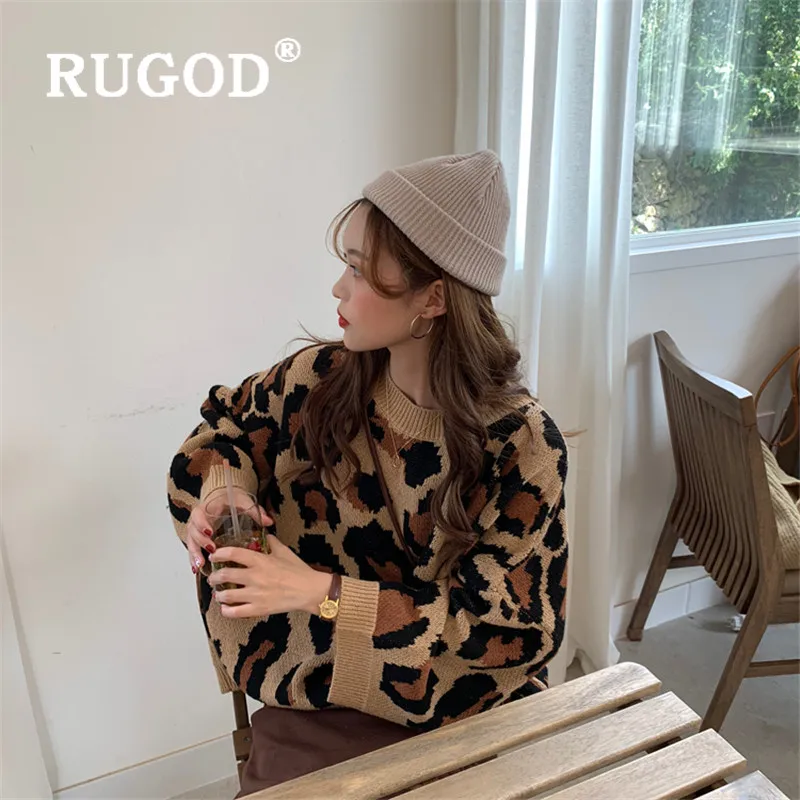 RUGOD 2019New женский леопардовый вязаный свитер с круглым вырезом свободный пуловер