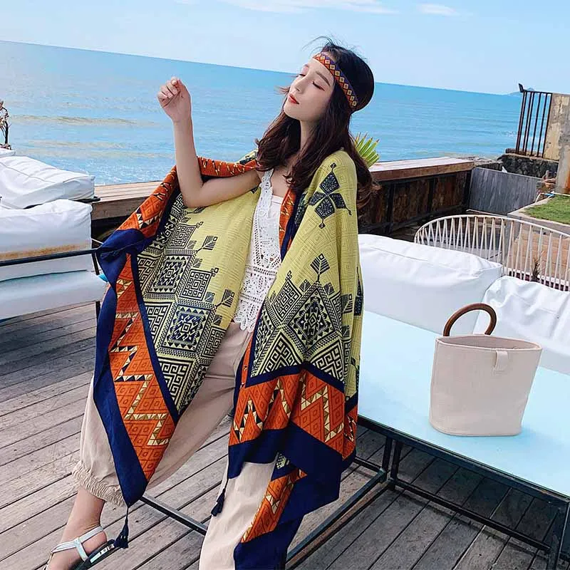 Летний Пляжный шарф для поездок Женская шаль с кисточками и принтом большого