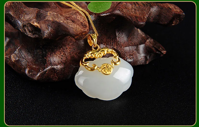 

Yuhan Gold Inlaid with Jade Pendant Women's Natural Hetian Jade White Jade Pendant Pure Gold Jade Baifu Safety Lock Necklace