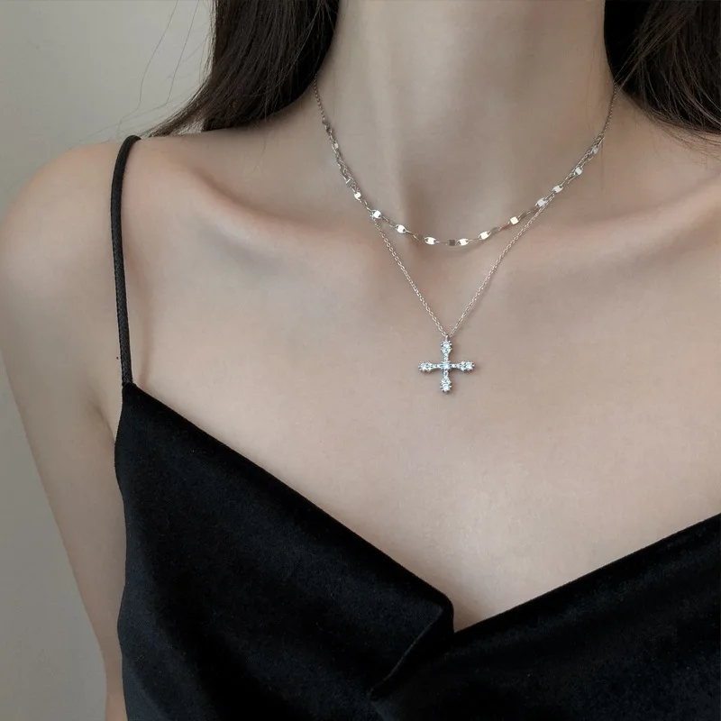 

925 Sterling Silver Shiny CZ Cross Necklace for Women Double Layer Clavicle Chain Necklace Wedding Jewelry Choker De Prata