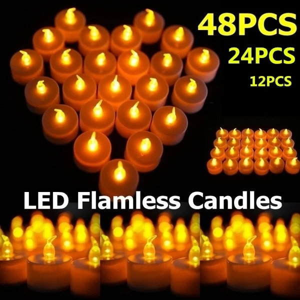 

12/24/48PCS Flameless Smokeless Flickering Romantic LED Tea Light Candles Realistic Flamless Candles Battery Party WeddingDecor