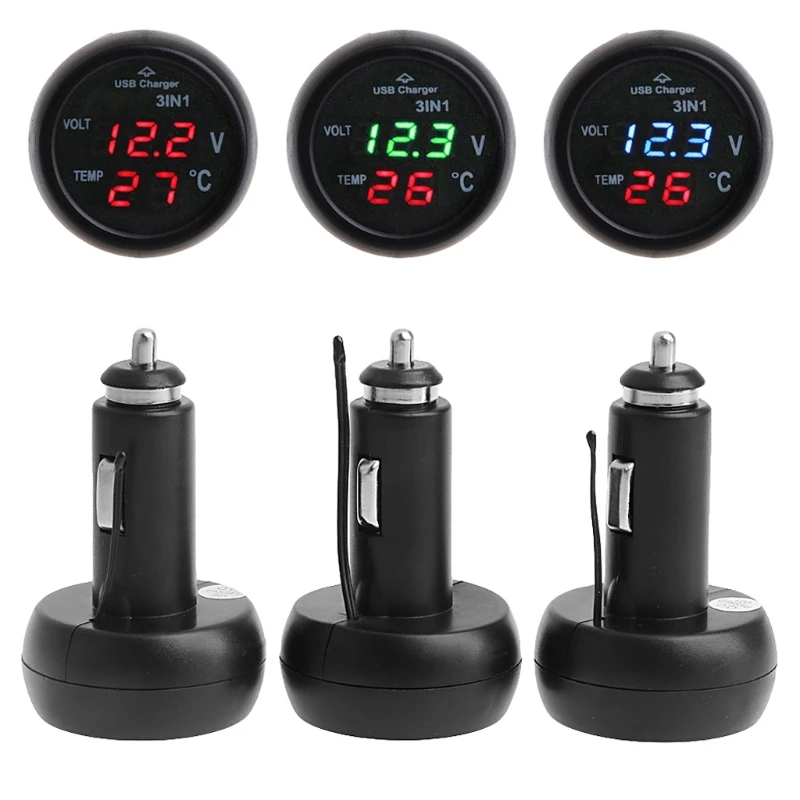 3in1 Auto Digital LED Thermometer USB Car Charger Cigarette Voltmeter Meter RGN 1XCF | Автомобили и мотоциклы