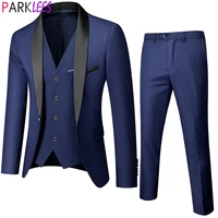 mens formal business navy blue 3pcs suits shawl collar one button slim fit elegant suits with pants men wedding terno masculino