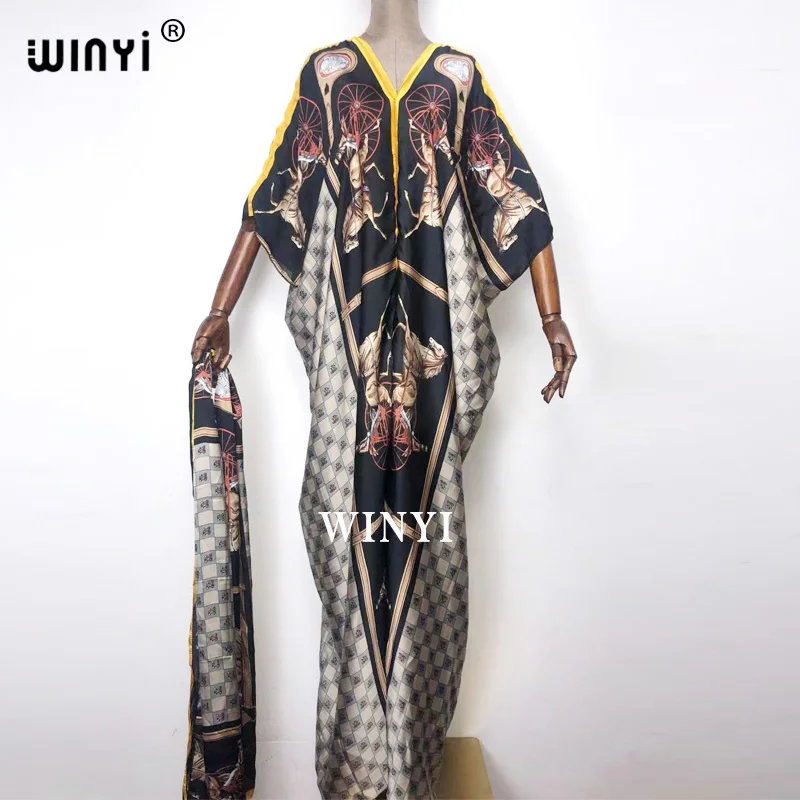 

WINYI 2021 модные платья для женщин Модный дизайн саржа с v-образным вырезом с шарфом длинное sukienk Vestidos; Сезон лето-осень вечерние элегантное плат...