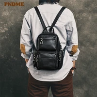 pndme fashion casual genuine leather mens womens multi function small backpack designer soft cowhide female black chest bag