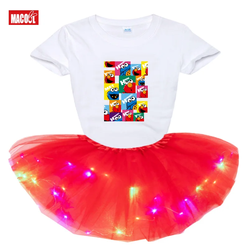 Girls Dress Clothing Sets Fashion Light LED Tutu Dress+t Shirt 2 Pcs Set 2020 Summer Girl T Shirts Rainbow Tutu Dress T Shirt