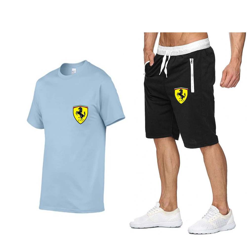 

Летний мужской комплект из футболки и шортов Ferrari, мужская спортивная футболка и шорты, хлопковый летний модный повседневный комплект, лиде...
