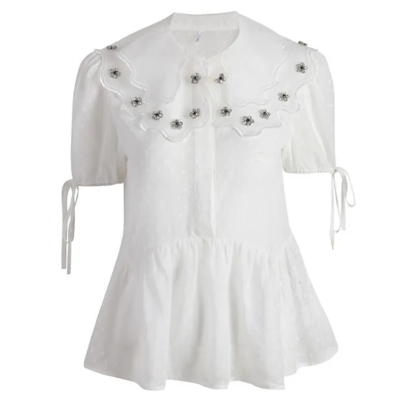 

DEAT Women White Patchwork Diamonds Blouse New Peter Pan Collar Short Puff Sleeve Slim Fit Shirt Fashion Tide Summer 2021 7E8341