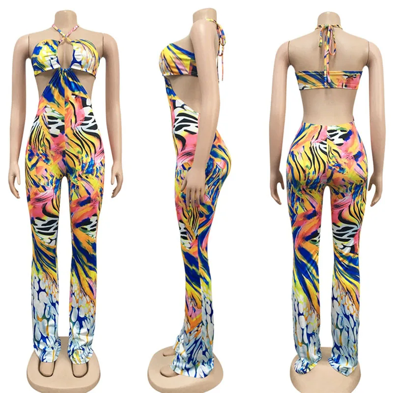 

HAOYUAN Sexy Print Bodycon Jumpsuit Backless Summer Vacation Clothes for Women Bandage Flare Pants Romper One Piece Club Outfits