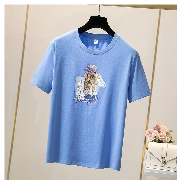 

Houthion Cotton Women's T-shirt Short Sleeve Top Plus Size Printed T Shirt Casual New Korean Fashion Summer Tshirt O-Neck