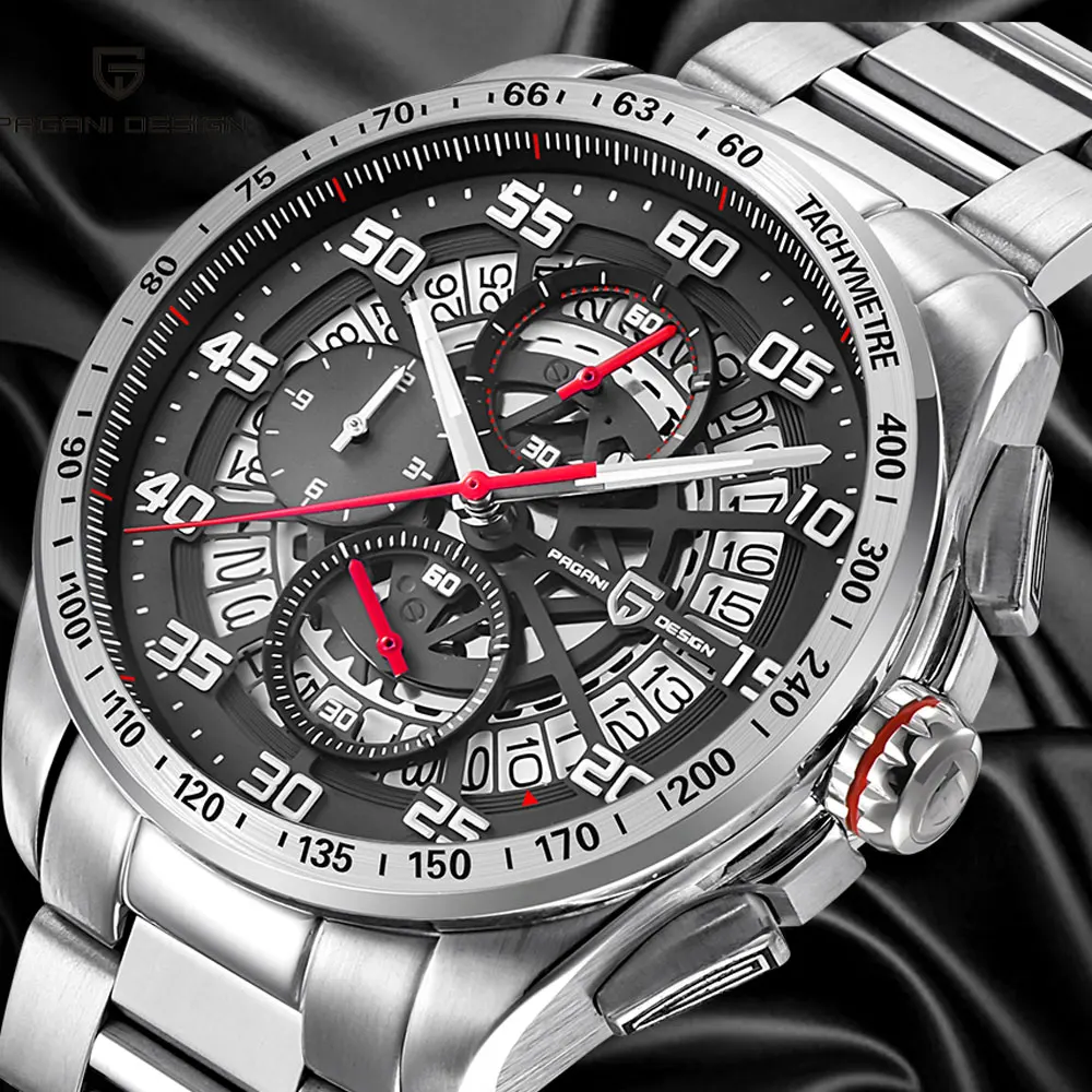 Часы Pagani design Мужские кварцевые с оранжевой/красной стрелкой и черным циферблатом