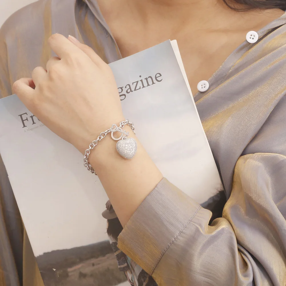 

Fashion Women's Jewelry 925 Sterling Silver Zircon Love Heart Bracelet & Bangles For Women Simple Chain Valentine's Day Gift